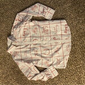 White and Red Graphic Button-Up Shirt